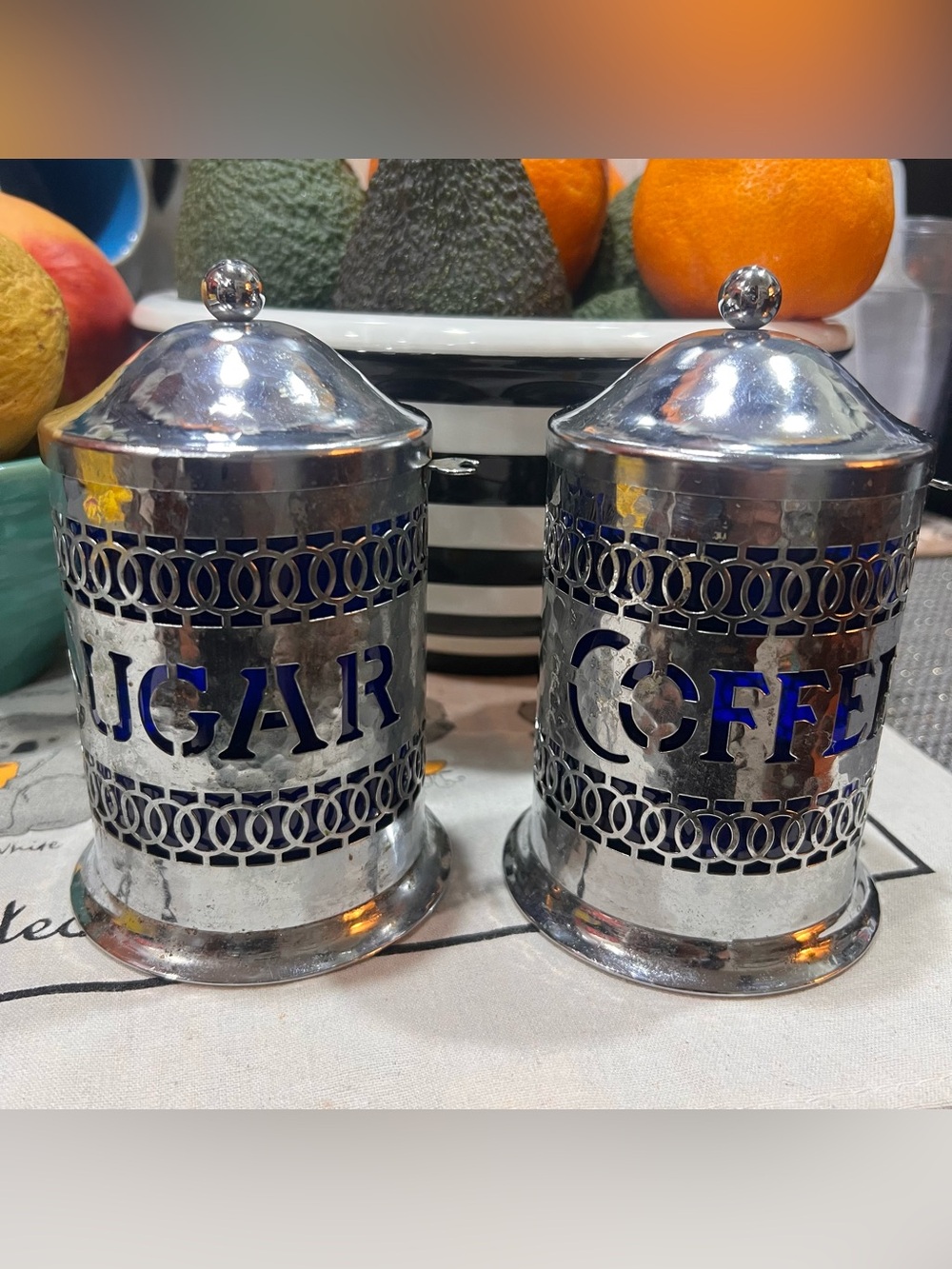 Vintage 1960s Coffee & Sugar Hammered Silver Plated Canisters Cobalt Blue Liners